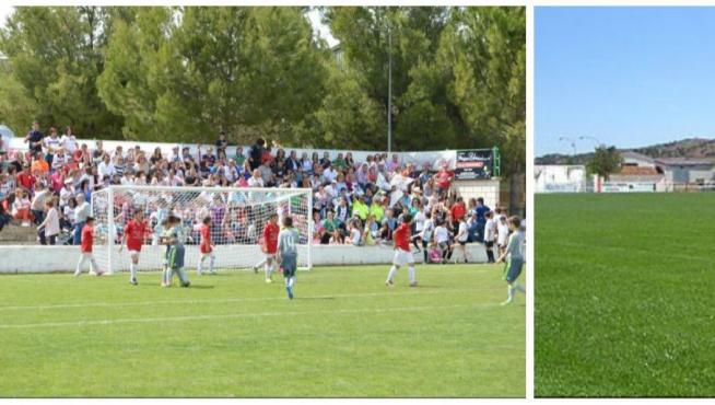 Dos imágenes del campo de Jumaya de Calamocha, donde jugará el Real Zaragoza dentro de 23 días el partido de las peñas.