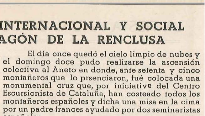Extracto del boletín de Montañeros de Aragón de 1951 que recoge la ascensión para la colocación de la cruz del Aneto