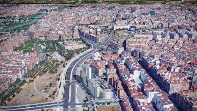 En primer plano, recreación de la promoción, que cuenta con tres edificios de seis, diez y diecinueve alturas, sobre una imagen aérea de Zaragoza.