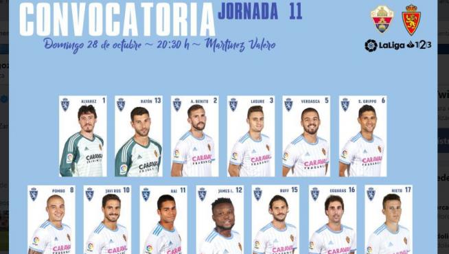 Lista de 19 jugadores del Real Zaragoza para el partido de Elche.