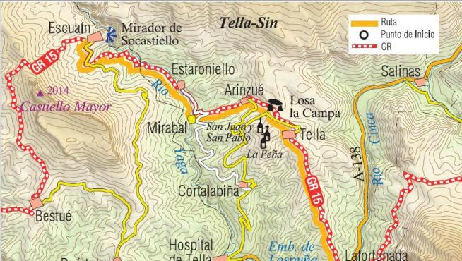 Mapa de la ruta de Badaín a Escuaín.