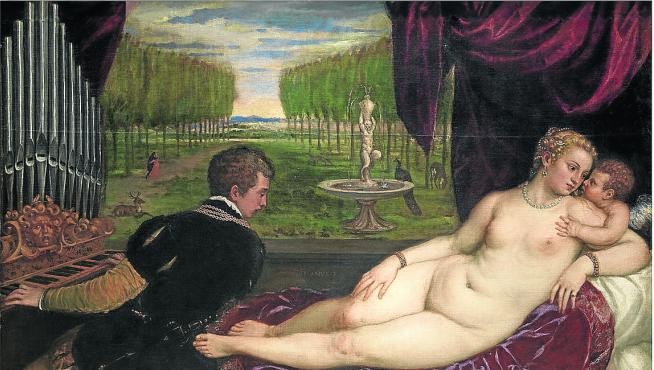 El cuadro 'Venus recreándose con el Amor y la Música', de Tiziano, está en el Museo del Prado.