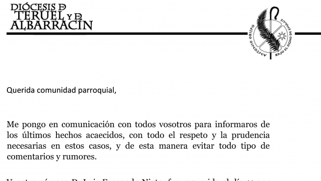 Comunicado oficial del Obispo de Teruel y Albarracín.