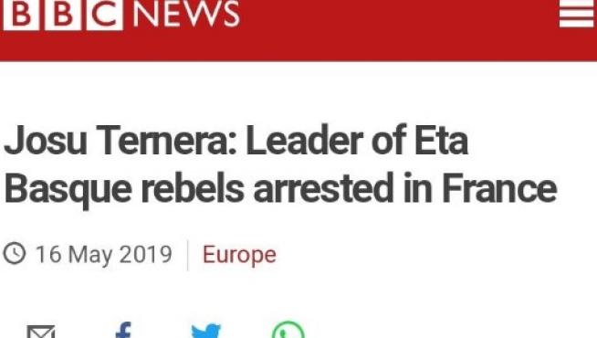 Indignación ante el titular de la BBC que llamó a Josu Ternera "líder de los rebeldes vascos"