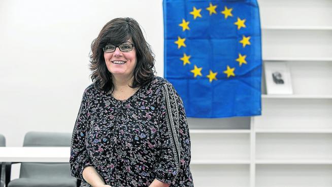 La eurodiputada electa Isabel García, este miércoles, en la sede del PSOE-Aragón.