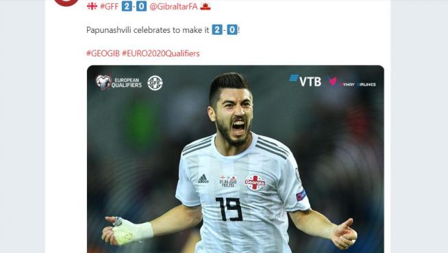 Momento de la celebración de Papunashvili tras su gol con Georgia ante Gibraltar en la tarde de este viernes en Tbilisi. Era el 2-0 de un partido que ganaron los georgianos por 3-0.