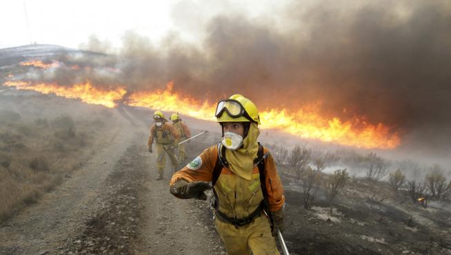 Las cuadrillas forestales del Gobierno de Aragón combaten el fuego sobre el terreno. Actualmente hay 8 cuadrillas helitransportadas y 62 terrestres (5 de ellas, dobles).