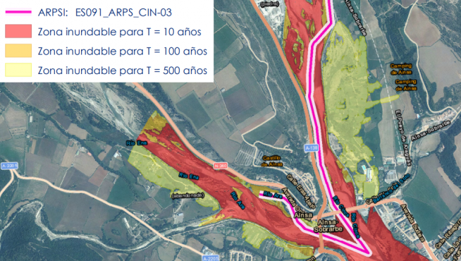 Área de riesgo potencial significativo de inundación en Aínsa.