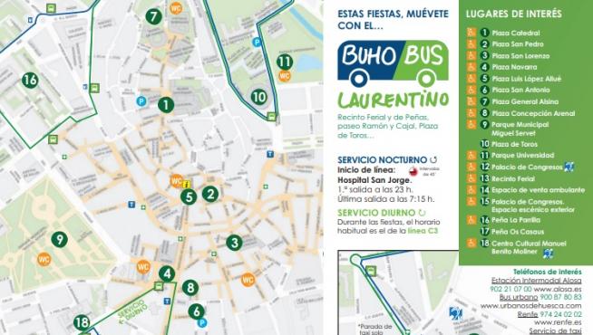 Mapa del recorrido del búho bus de las fiestas de San Lorenzo.