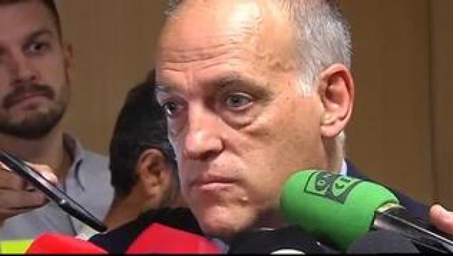 El presidente de la Liga, Javier Tebas, ha acudido este jueves a la Ciudad de Justicia de Valencia para declarar en el juicio por el supuesto amaño del partido entre el Levante y Zaragoza del 2011.