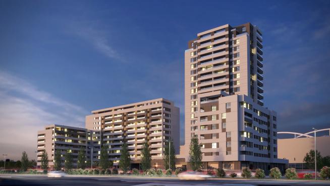 Recreación de los cuatro edificios que Aedas Homes construirá delante de la estación de Delicias.