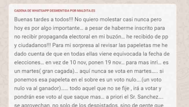 Cadena de WhatsApp desmentida por el portal Maldita.es sobre el bulo de las papeletas.
