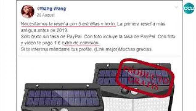 Esta organización de consumidores ha detectado grupos organizados y empresas que ofrecen gratis sus productos a cambio de valoraciones cinco estrellas.