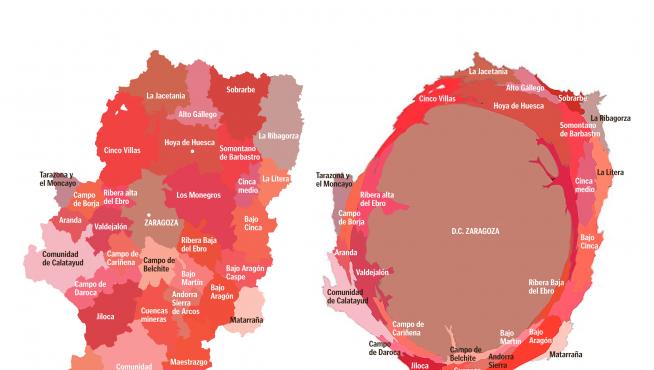 A la izquierda, mapa comarcal de Aragón; a la derecha, deformado en función de la población.