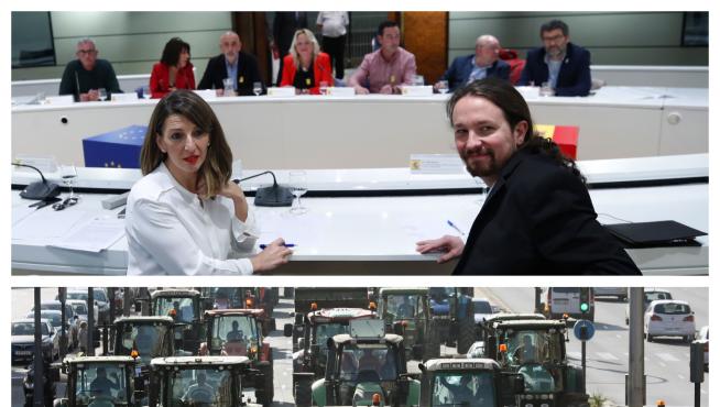 Reunión de Yolanda Díaz y Pablo Iglesias con representantes del sector agrario/ Protesta de agricultores en Valencia