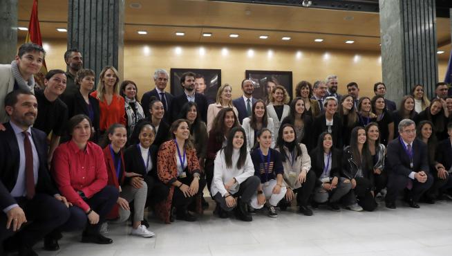Acto de presentación y firma del primer convenio del fútbol femenino español que tiene lugar este miércoles en la sede de la Cámara Baja en Madrid