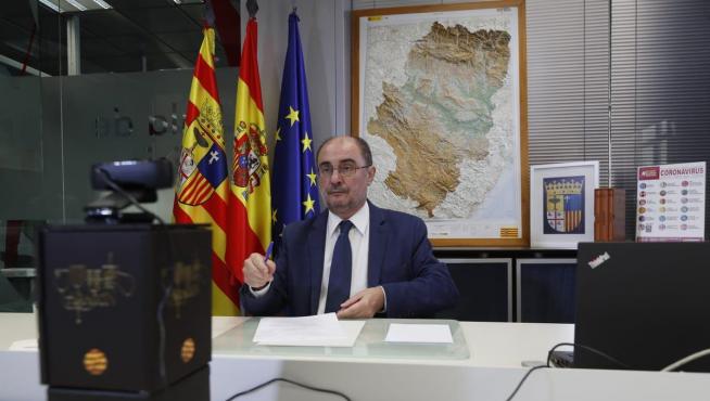 Lambán, este domingo durante la videoconferencia con Sánchez