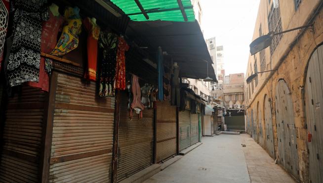 Closed shops are seen at a popular tourist area named "Khan el-Khalili" in the al-Hussein and Al-Azhar districts in Cairo