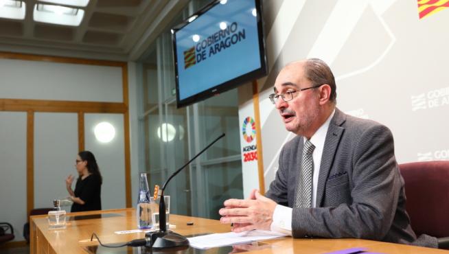 Lambán, ayer tras la videoconferencia con Pedro Sánchez y el resto de líderes autonómicos.