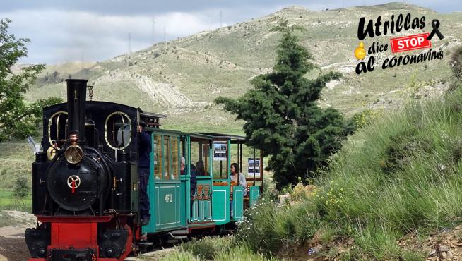 El tren minero de Utrillas ilustra el cartel del Parque Temático.