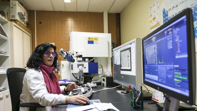 Ana Cristina Gallego, en el Servicio de Microscopía Electrónica ubicado en el Campus Río Ebro.