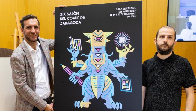 El consejero Javier Rodrigo (izquierda) junto a Álvaro Ortiz, autor del cartel.