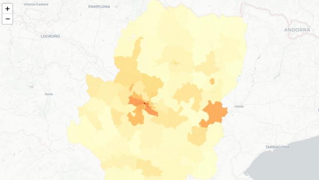 Mapa de Aragón con las zonas que tienen más casos de coronavirus en agosto