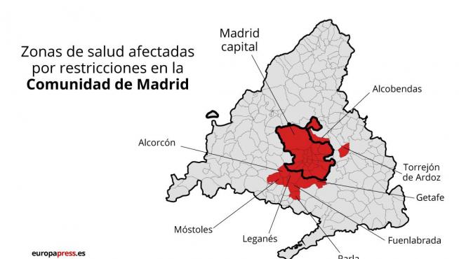 Mapa con municipios de Madrid con restricciones