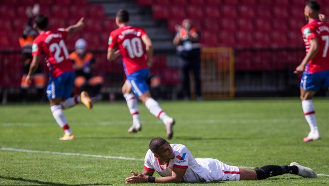 Los jugadores del Granada celebran el gol de Yangel Herrera ante el Sevilla.