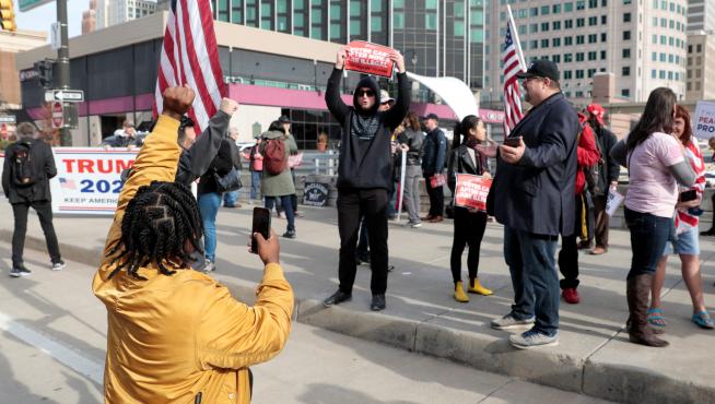 Supporters of U.S. President Donald Trump protest outside the TCF Center, in Detroit