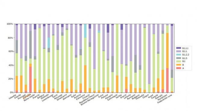Los linajes del SARS-CoV-2 en Europa. En España (cuarta columna) casi el 40% de las secuencias pertenecen a linajes A