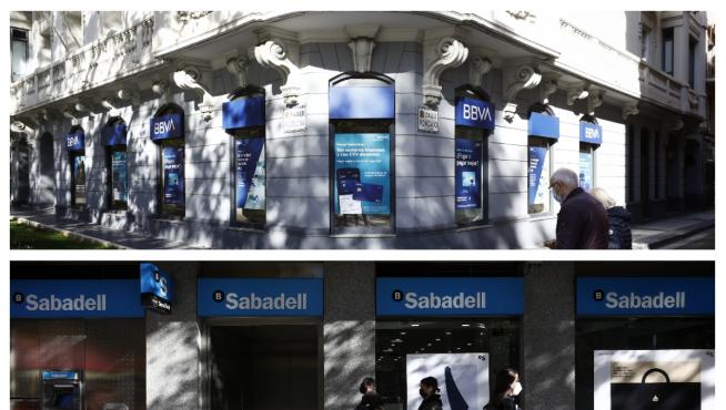 Oficinas de BBVA y el Banco Sabadell, en el paseo de Pamplona de Zaragoza.