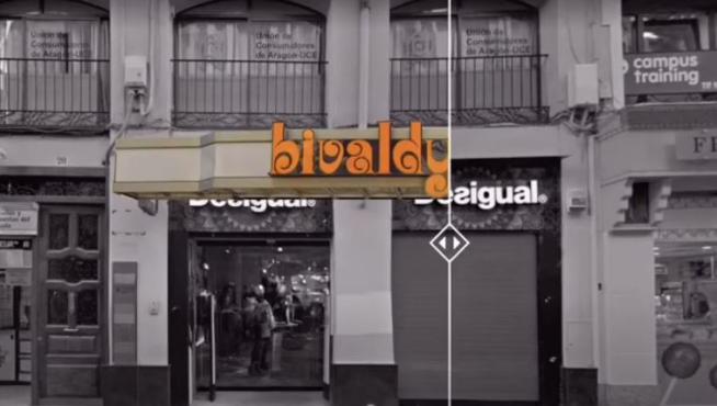 Un fotograma del 'antes y después' de la tienda Bivaldy de la calle de Alfonso de Zaragoza.