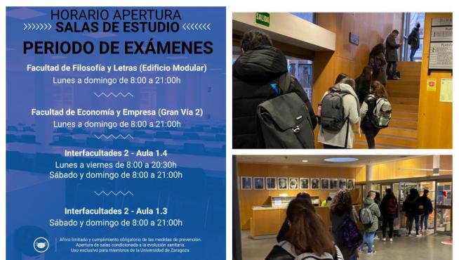 Nuevos horarios y filas de esta semana para acceder a las salas de estudio en la Universidad de Zaragoza.