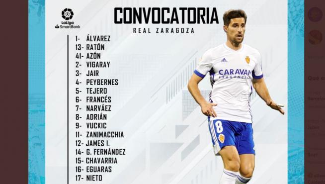 Lista de expedicionarios del Real Zaragoza para el desplazamiento a Oviedo.