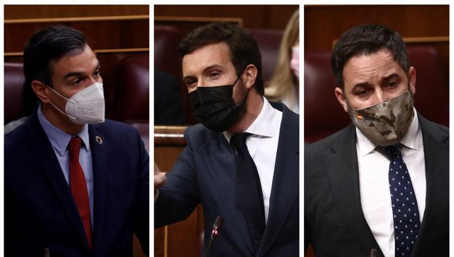 Pedro Sánchez, Pablo Casado y Santiago Abascal, este miércoles en el Congreso.
