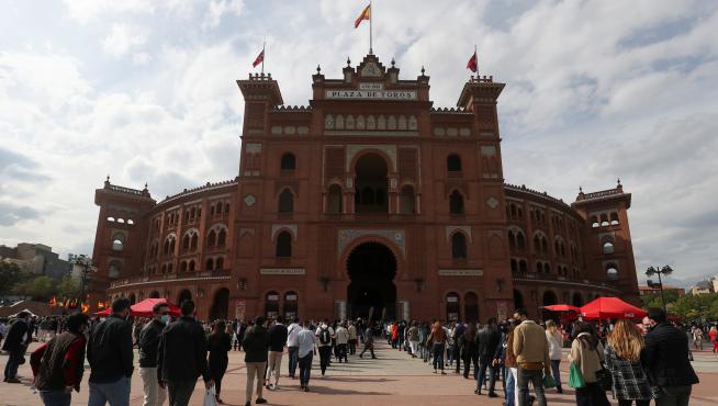 People wait outside Las Ventas bullring ahead of the first bullfight since the start of the COVID-19 pandemic, in Madrid