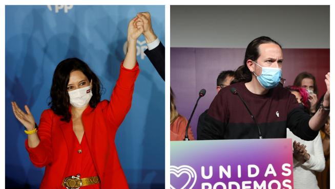 Isabel Díaz Ayuso y Pablo Iglesias tras la jornada electoral