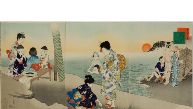 Tríptico de estampas japonesas ‘ukiyo-e’ Miyagawa Shuntei (1873-1914), serie ‘Bellezas de los doce meses’ (1898), siglo XIX, era Meiji (1868-1912)