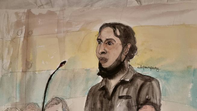 Dibujo de Salah Abdeslam juzgado como presunto autor del atentado de la sala Bataclan de París.