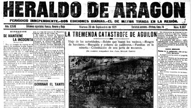 Así recogía HERALDO la notica de la catástrofe en su portada del 23 septiembre de 1921