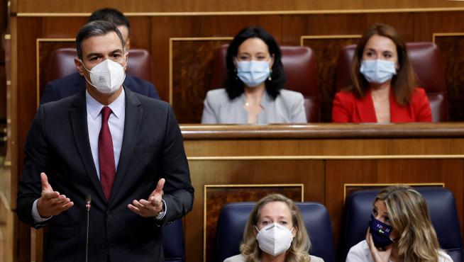 El presidente del Gobierno, Pedro Sánchez, interviene durante la sesión de control al Gobierno celebrada este miércoles en el Congreso de los Diputados.