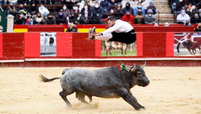 César Grasa salta a un toro en la plaza de Valencia.