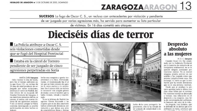 Reportaje publicado sobre la fuga del violador en Heraldo el 15 de octubre de 2000. .