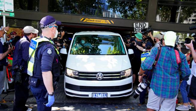 The scene outside the hotel where tennis player Novak Djokovic is believed to be in Melbourne