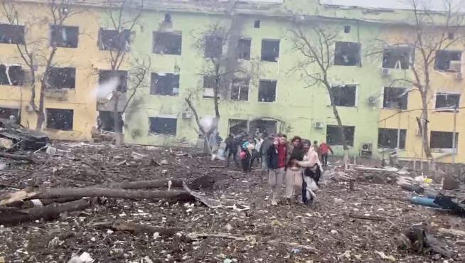 Debris is seen on site of the destroyed Mariupol children's hospital as Russia's invasion of Ukraine continues, in Mariupol, Ukraine, March 9, 2022 in this still image from a handout video obtained by Reuters. Ukraine Military/Handout via REUTERS THIS IMAGE HAS BEEN SUPPLIED BY A THIRD PARTY. UKRAINE-CRISIS/MARIUPOL