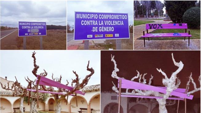 Actos vandálicos en el mobiliario urbano contra la violencia de genero en La Muela.