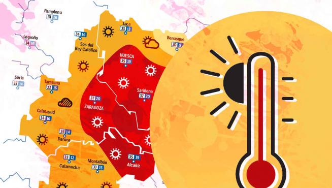 Mapa de Aragón con temperaturas máximas extremas.