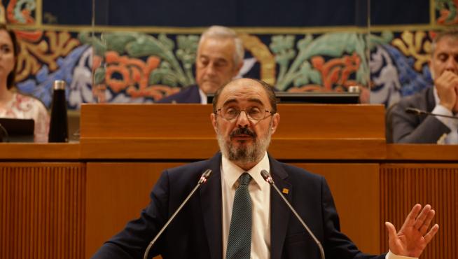 El presidente aragonés, Javier Lambán, en su comparecencia de este jueves en las Cortes para hablar de la candidatura olímpica.