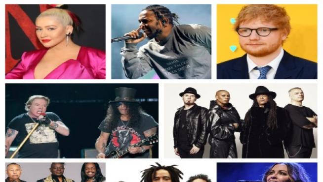 Arriba: Christina Aguilera, Kendrick Lamar, Ed Sheeran. En el centro: Guns N'Roses, Skunk Anansie. Abajo: Earth, Wind & Fire, Counting Crows, Alanis Morissette.